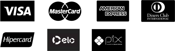 Formas de pagamento: Visa, Mastercard, American Express, Diners Club, Hipercard, Elo, PIX